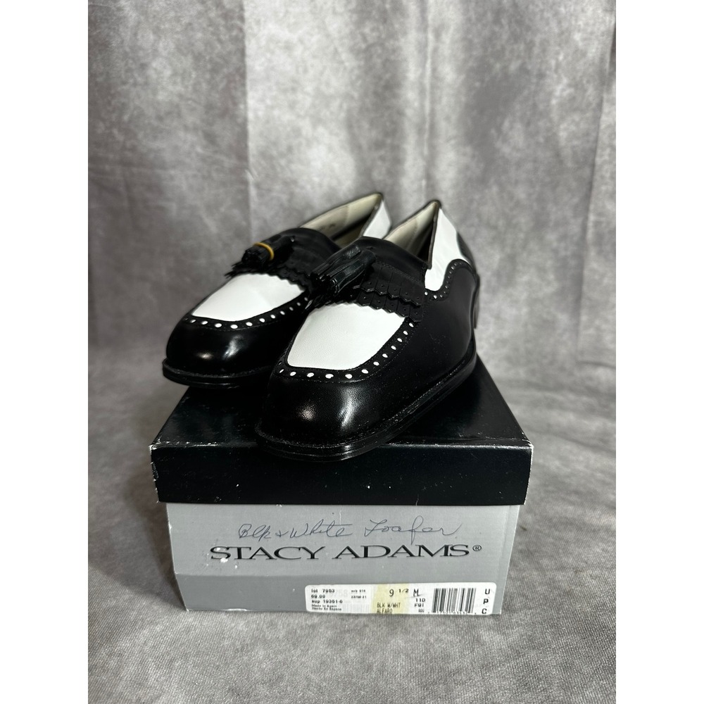 Vintage Stacy Adams Mens 9.5 M Black White Leather Tassel‎ Kiltie Loafers Spain